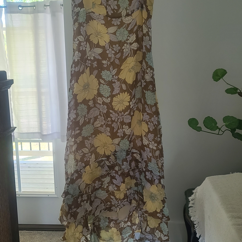 NAF NAF Brown Dress with Yellow and Mint Floral Design